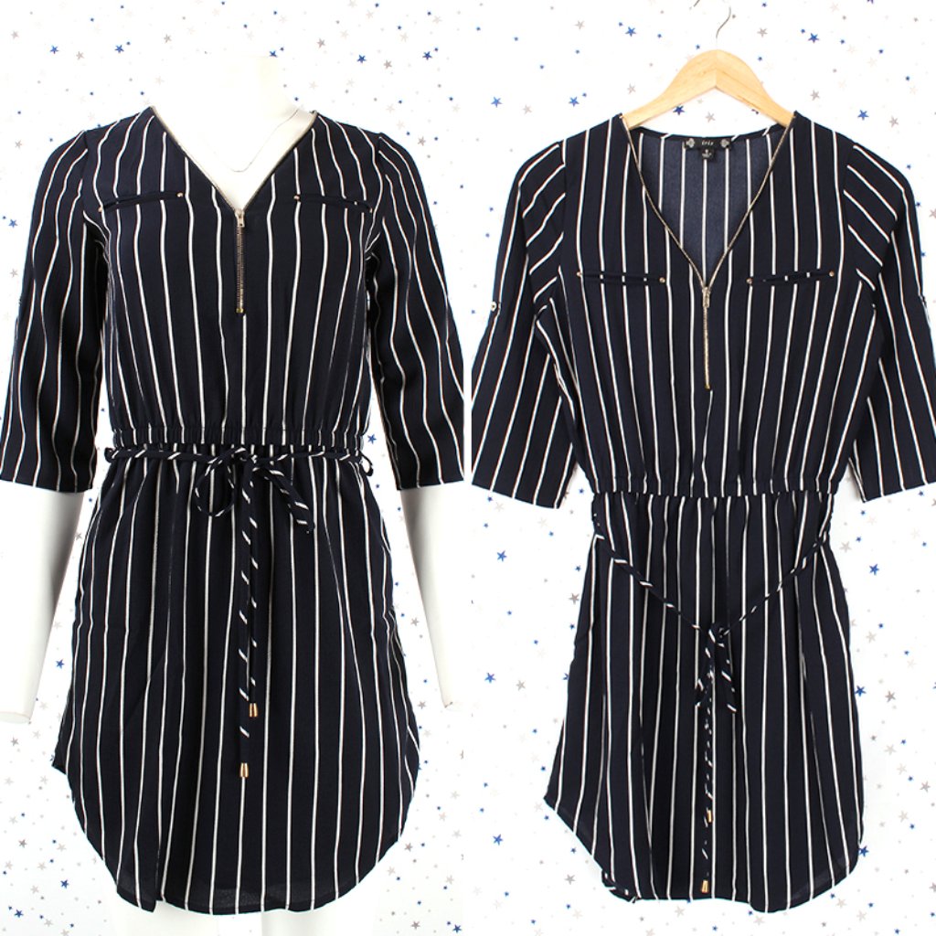 Navy Off White Vertical Stripe Dress